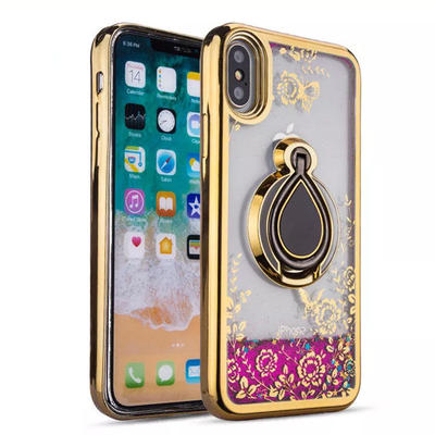 Electroplating Glitter Flowing Liquid Floating Bumper Hard PC Back Cover Ring Stand Phone Case Fori Phone X