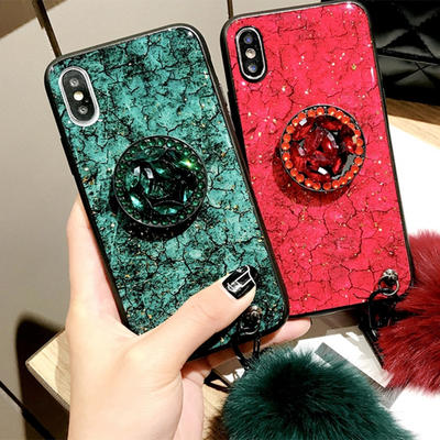 Phone Case for iPhone XS MAX XR X S 2019 Cover iPhone 7 8 Plus Colorful Marble Hair Ball Lanyard Round Shiny Diamond Stand Soft Case